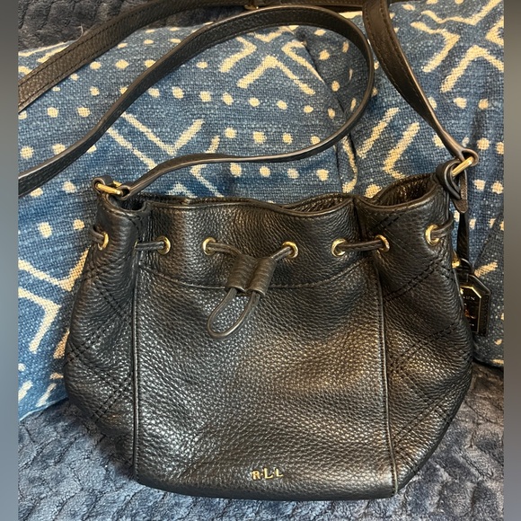 Lauren Ralph Lauren Grafton Cara Drawstring Black Leather Bucket Bag - Picture 1 of 7